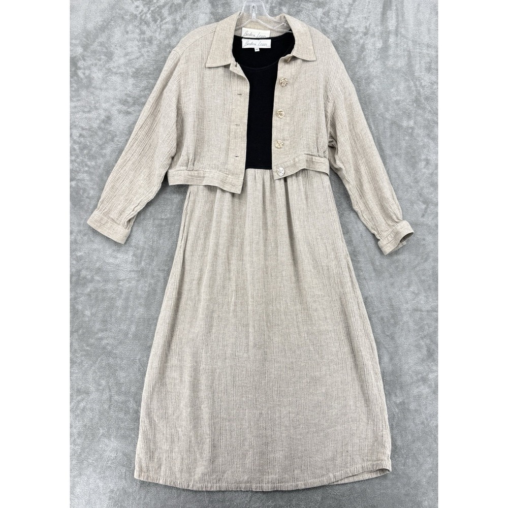 Vintage Barbara Lesser Jacket Dress Womens Size M Linen Blend Modest Crinkle